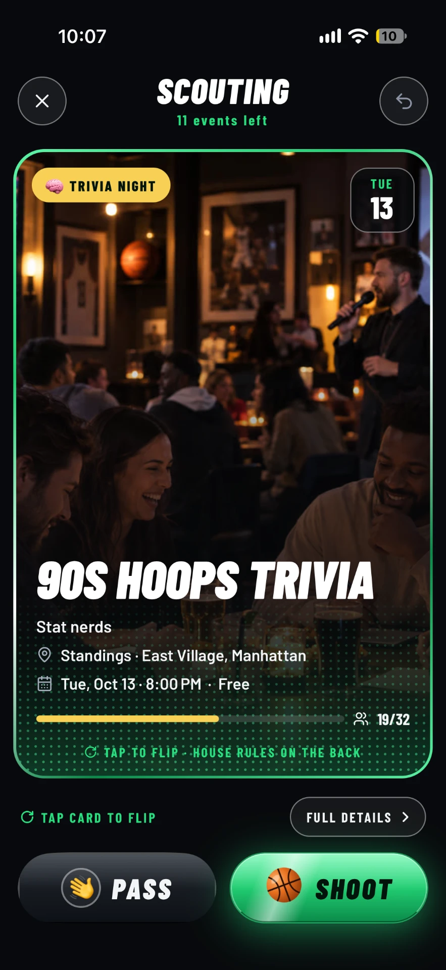 An event card in Scout โ 90s Hoops Trivia at Standings in the East Village