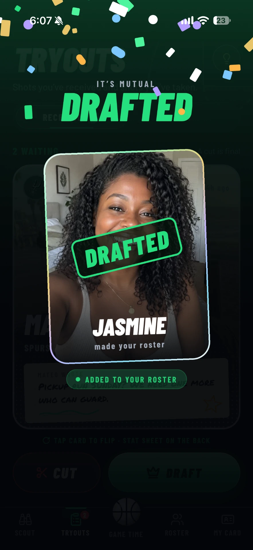 The Drafted celebration screen in Fan Connect