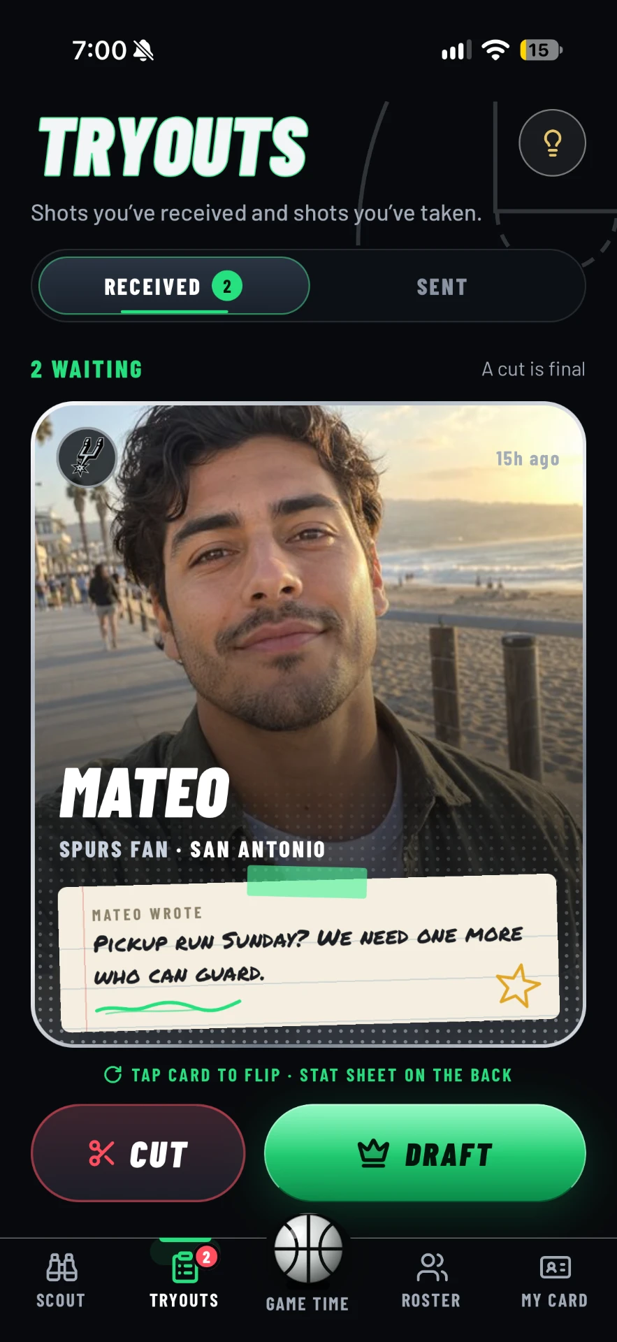 Mateoโs Tryouts screen with a received Shot, his handwritten pickup-run note, and Cut and Draft actions