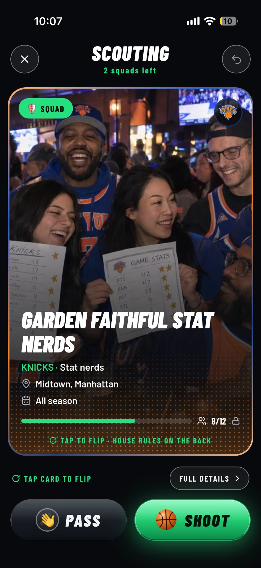 A squad card in Scout โ Garden Faithful Stat Nerds, a Knicks squad in Midtown Manhattan