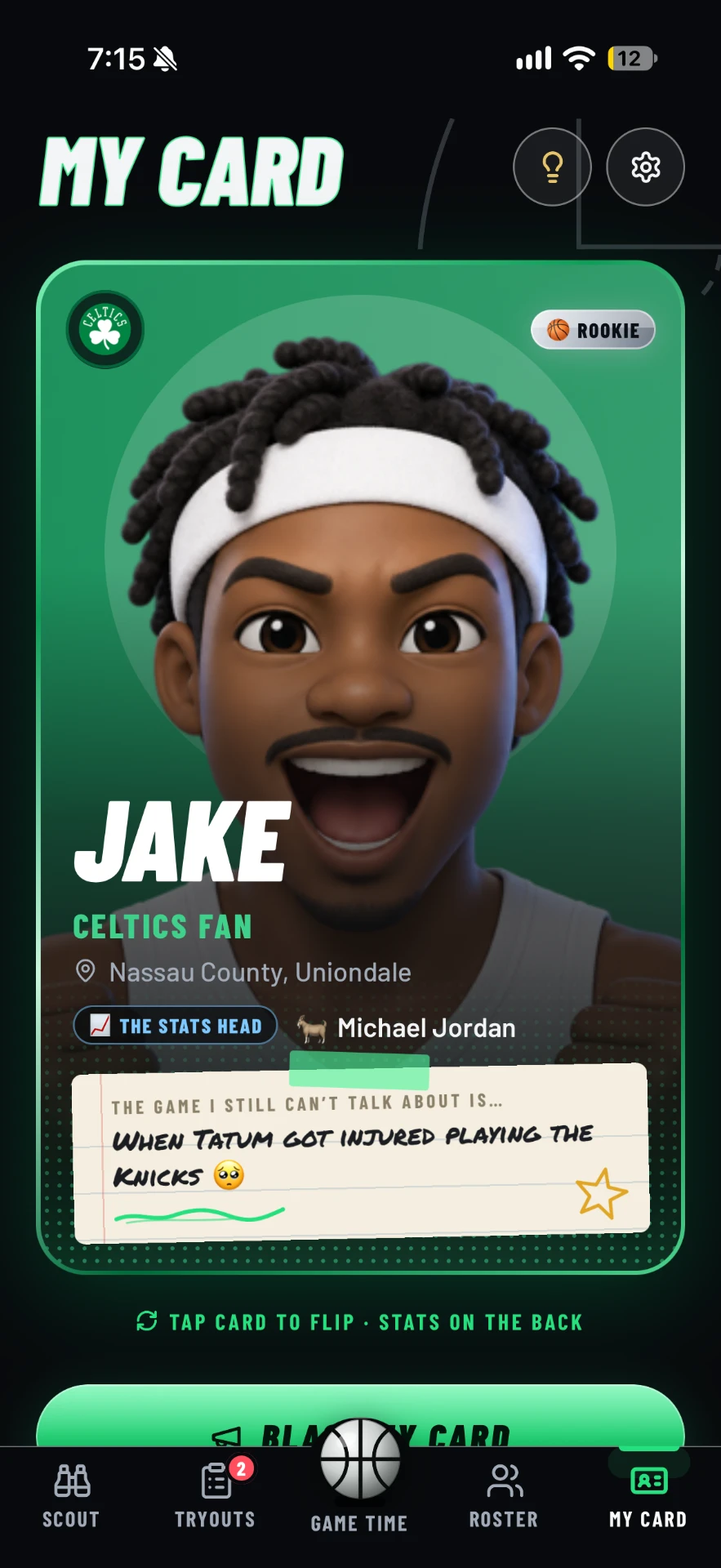 The My Card screen in Fan Connect showing a finished Fan Card