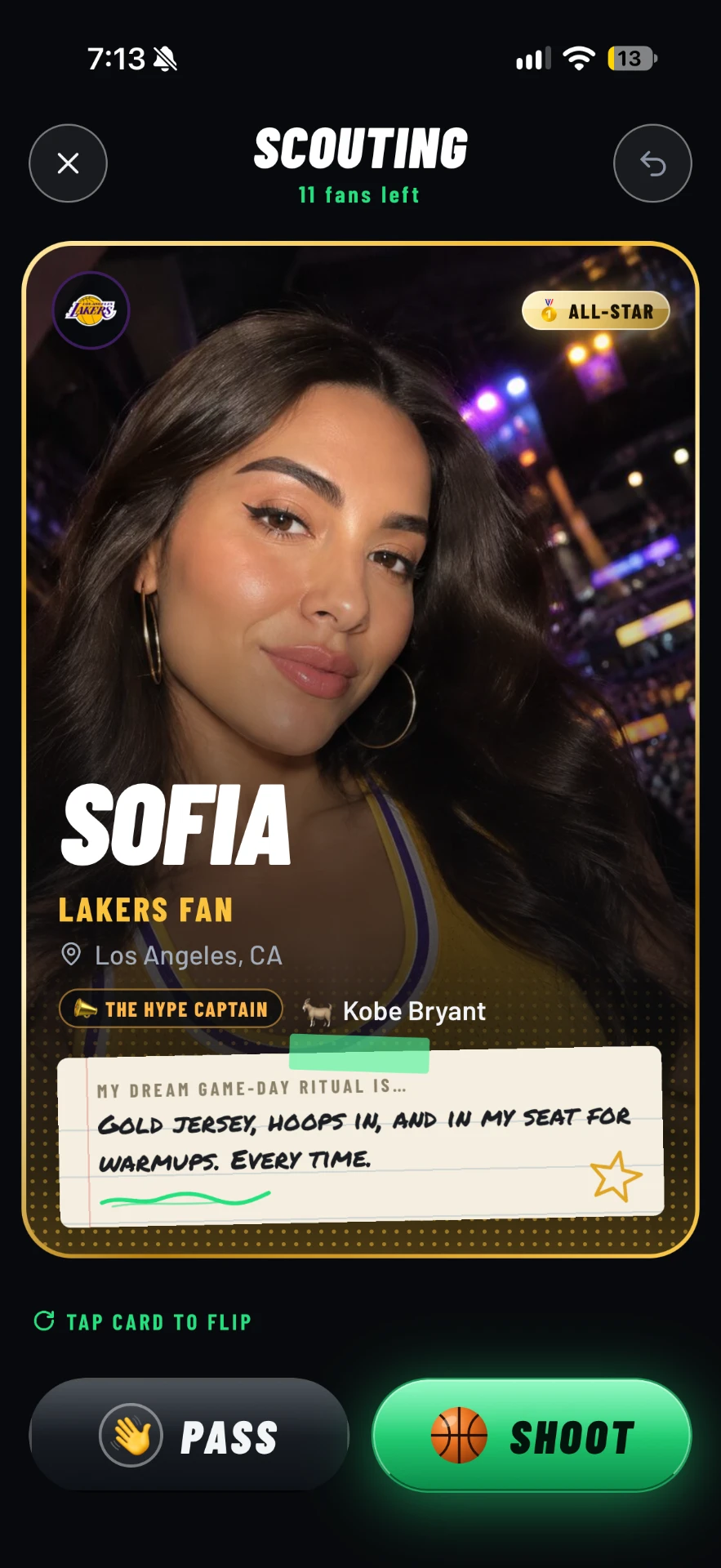 Sofiaโs Lakers Fan Card in Fan Connect Scout