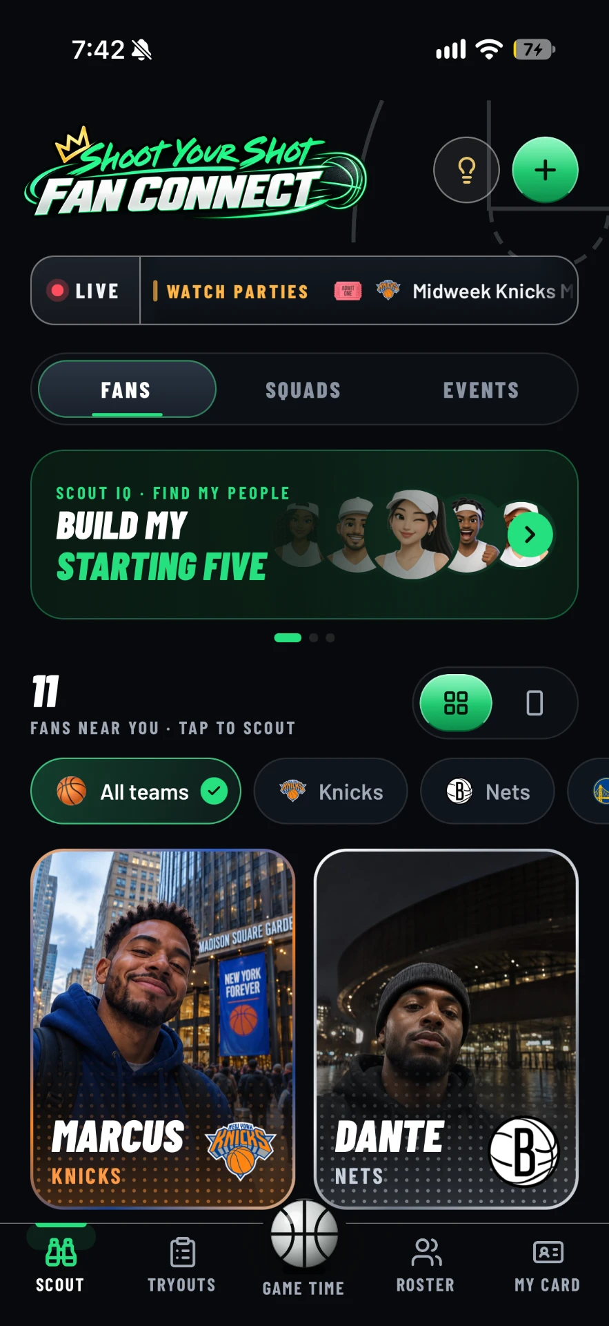 Fan Connect Scout home: live Game Time ticker, Fans tab, Build My Starting Five, and nearby basketball fans Marcus and Dante