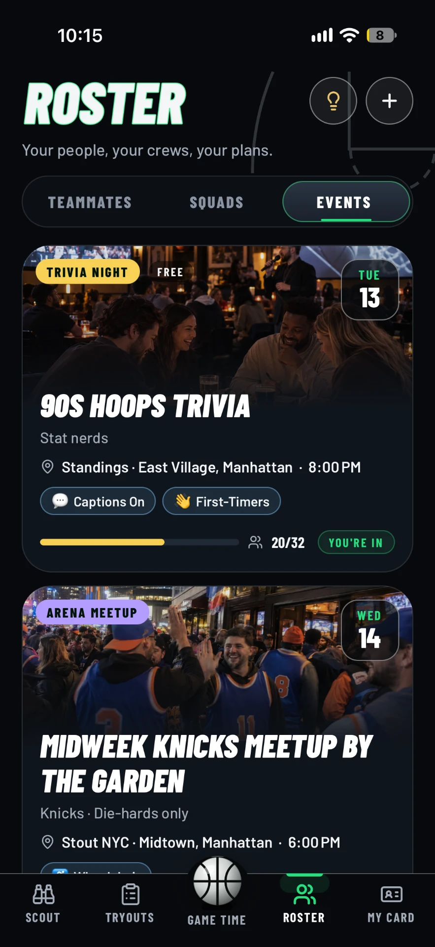 The Roster Events tab showing 90s Hoops Trivia and the Midweek Knicks Meetup