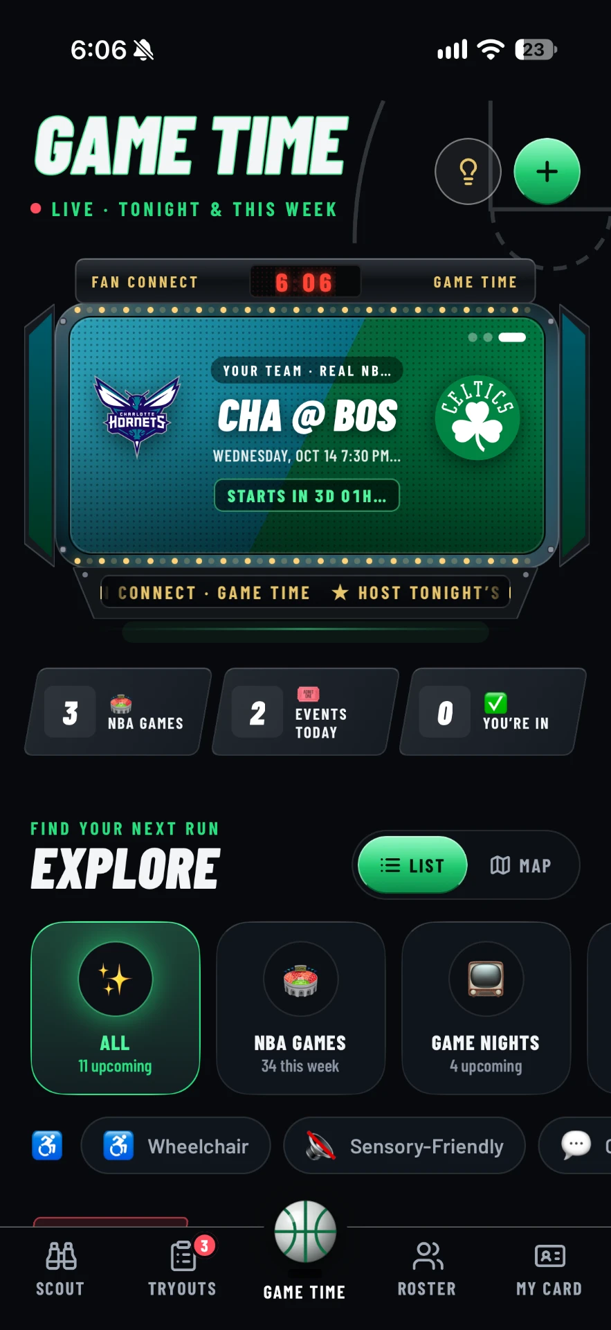 The Game Time screen showing tonight's games and events
