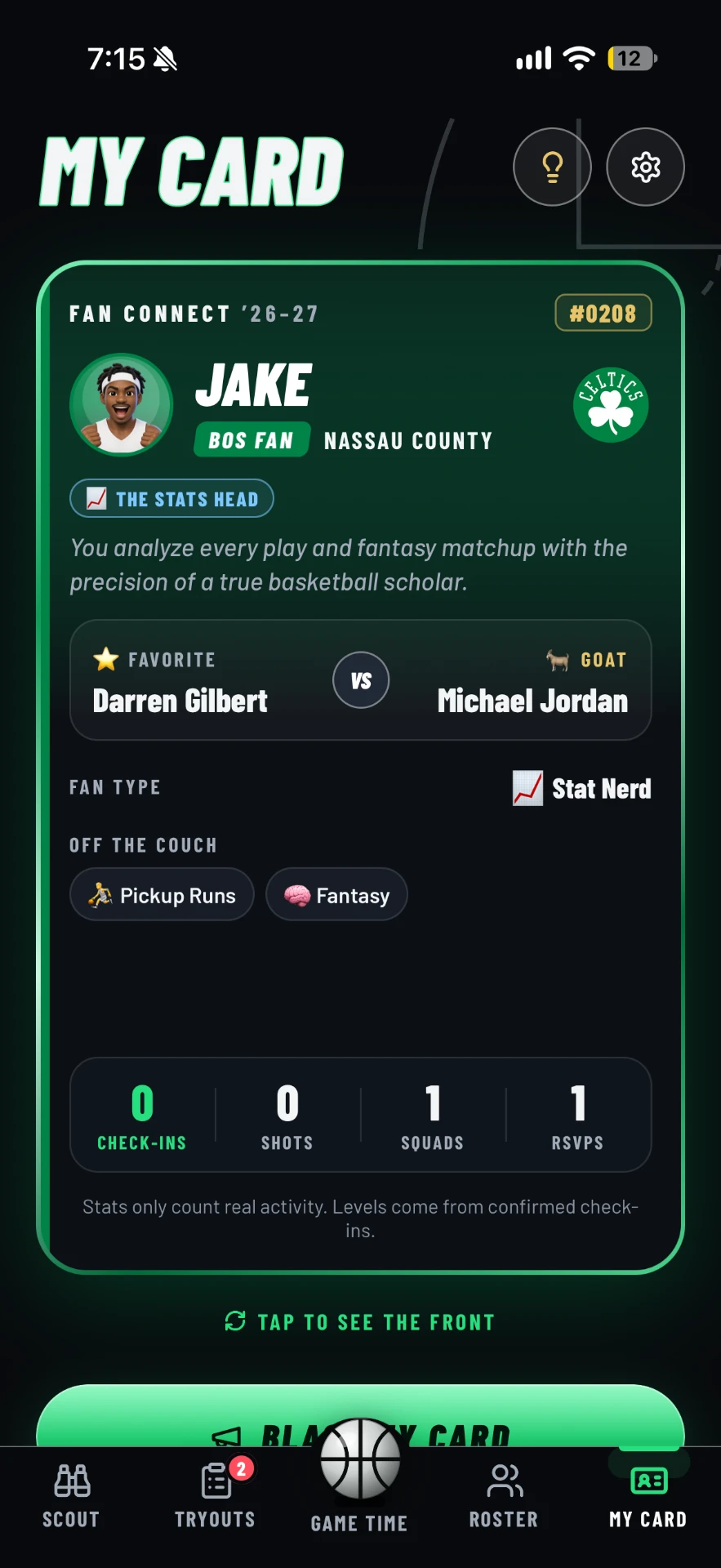 The back of Jake's Fan Card showing his persona, favourite player and stats