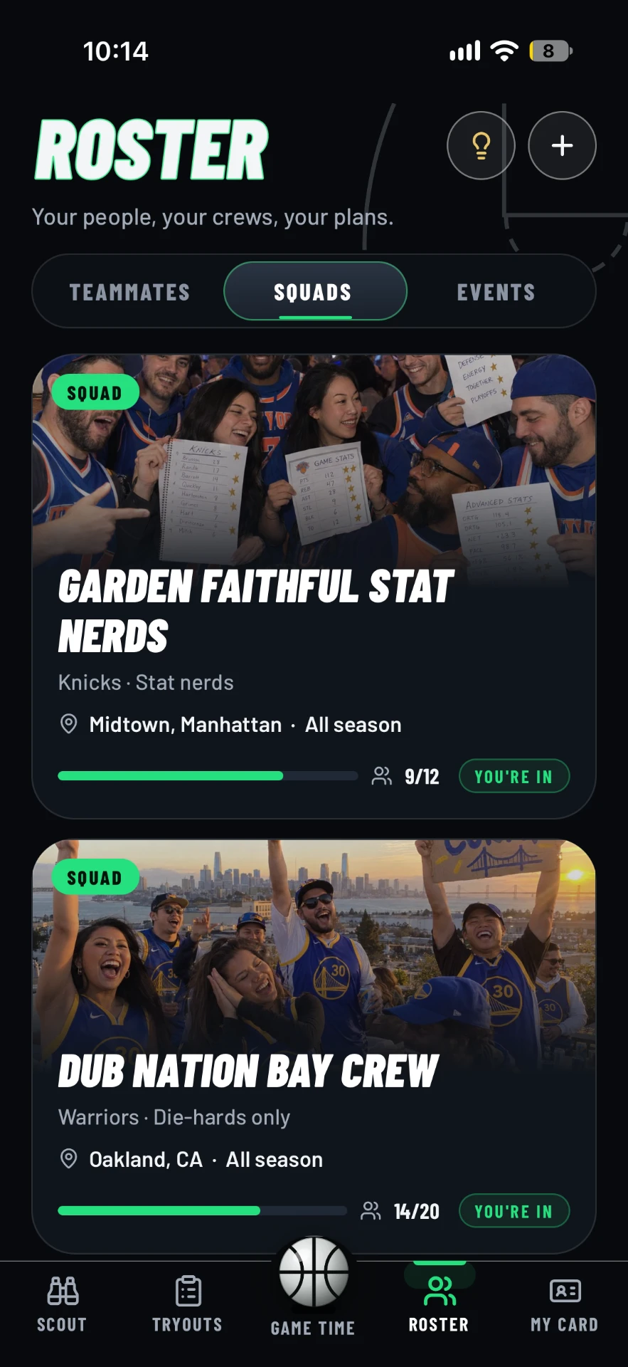 The Roster Squads tab showing Garden Faithful Stat Nerds and Dub Nation Bay Crew